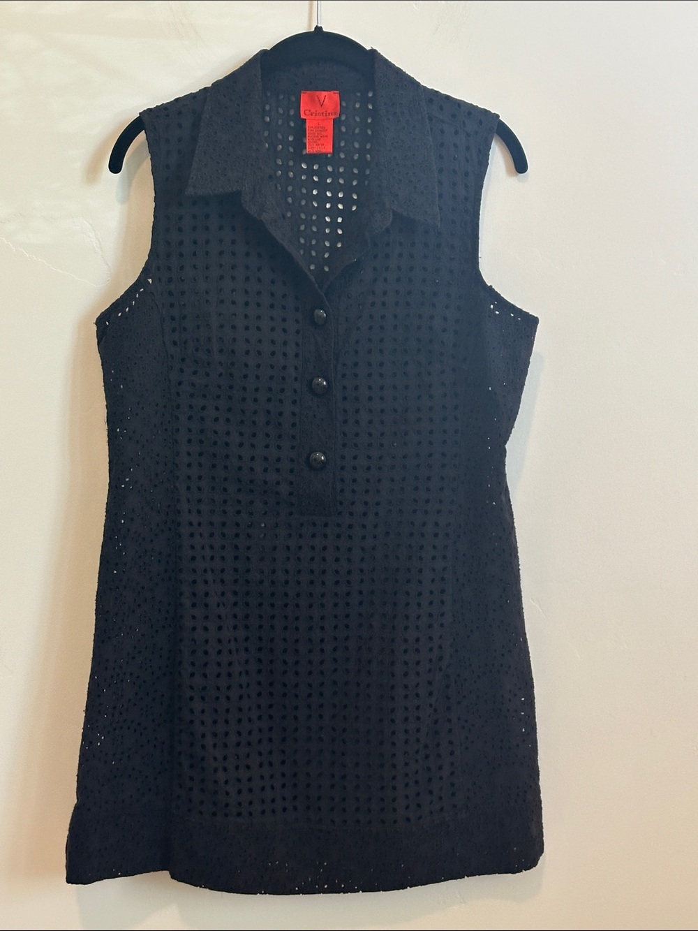 V. Cristina Sleeveless Black Eyelet Lace Tunic Top, Unlined, Size Large
